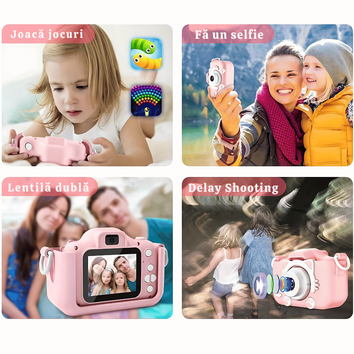 Camera foto copii, functie foto/video, Dual Lens 1080p, Roz, Jocuri incluse, Display 2.0 inch