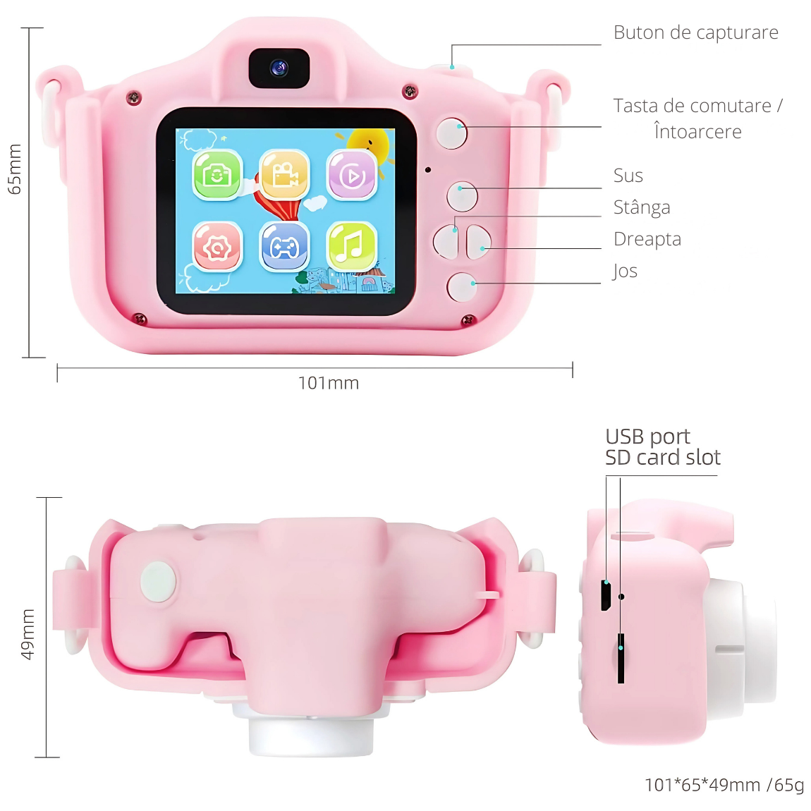 Camera foto copii, functie foto/video, Dual Lens 1080p, Roz, Jocuri incluse, Display 2.0 inch