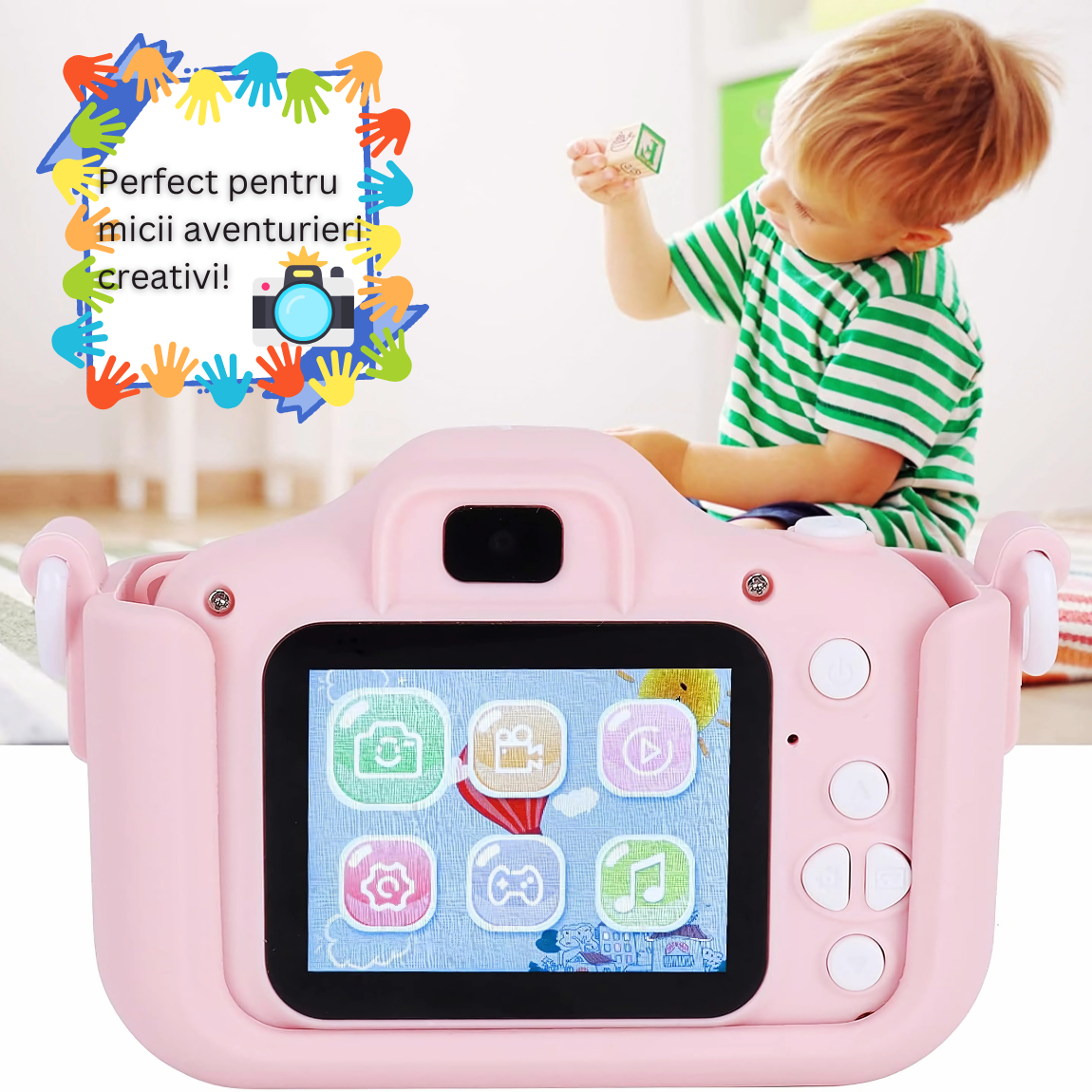 Camera foto copii, functie foto/video, Dual Lens 1080p, Roz, Jocuri incluse, Display 2.0 inch
