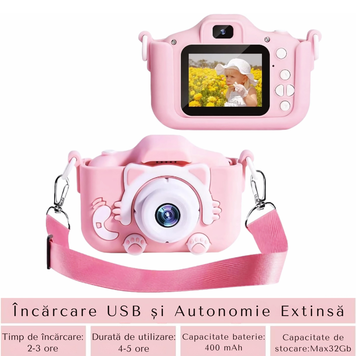 Camera foto copii, functie foto/video, Dual Lens 1080p, Roz, Jocuri incluse, Display 2.0 inch
