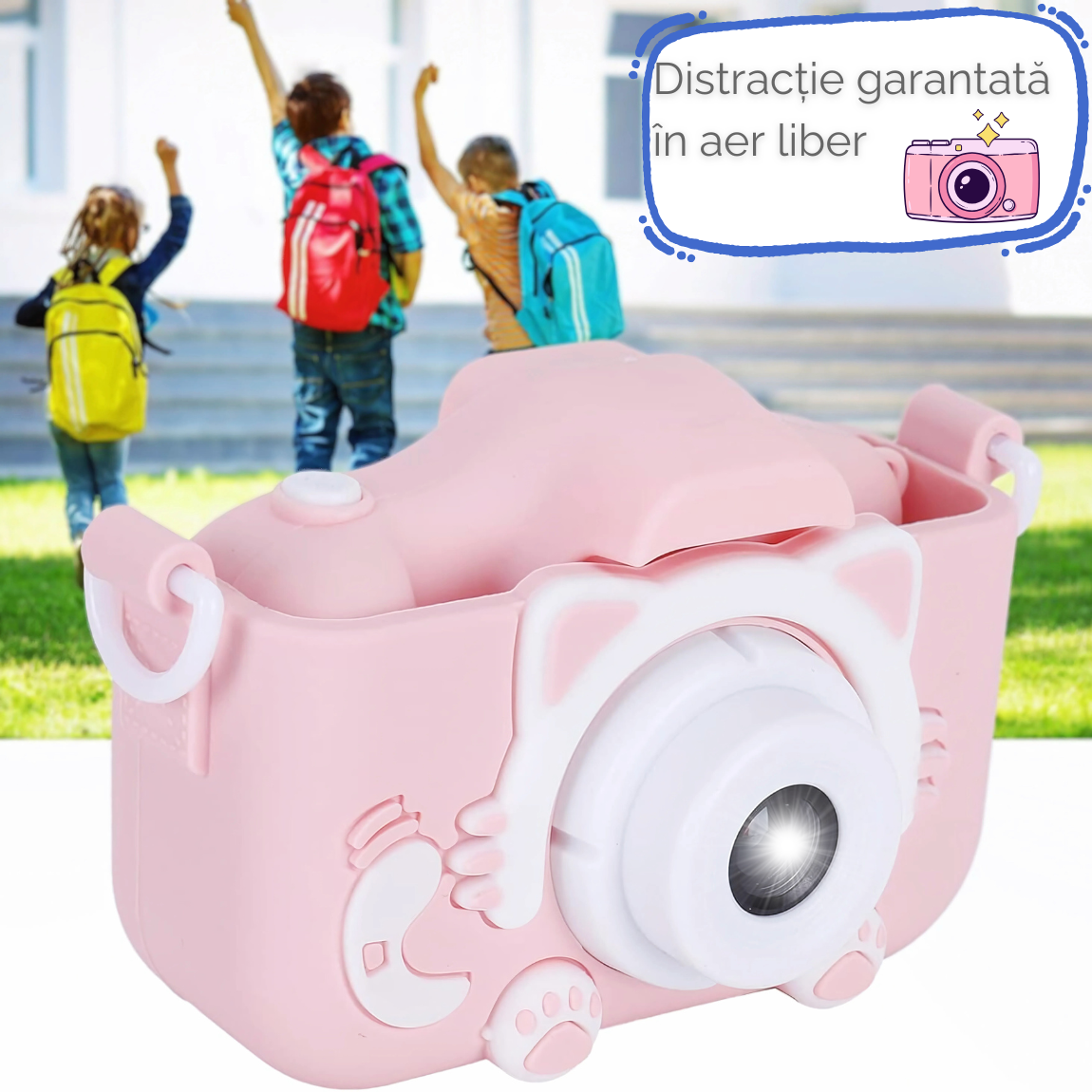 Camera foto copii, functie foto/video, Dual Lens 1080p, Roz, Jocuri incluse, Display 2.0 inch