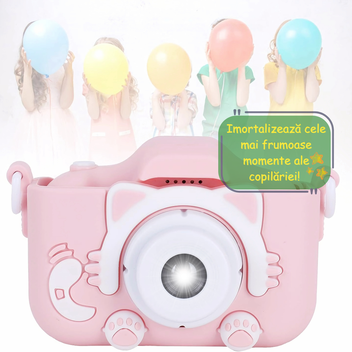 Camera foto copii, functie foto/video, Dual Lens 1080p, Roz, Jocuri incluse, Display 2.0 inch