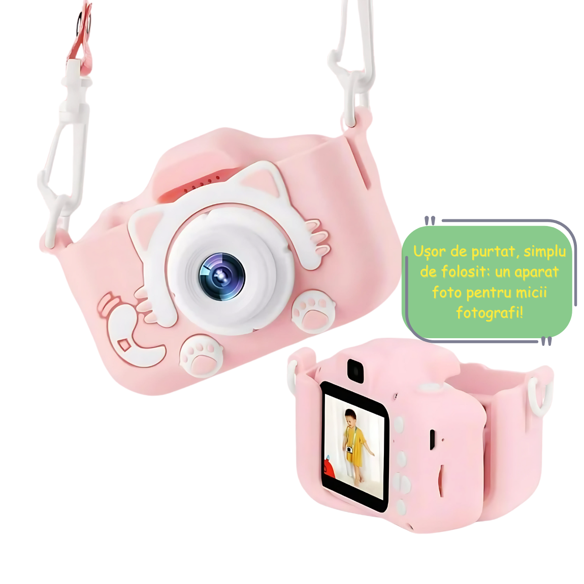Camera foto copii, functie foto/video, Dual Lens 1080p, Roz, Jocuri incluse, Display 2.0 inch