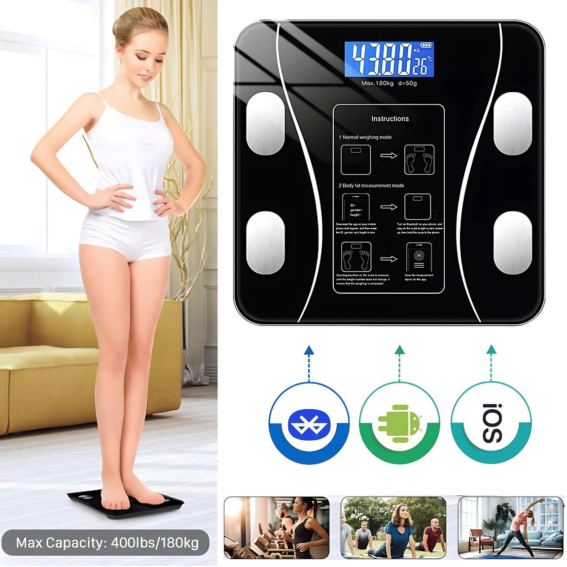 Cantar Electronic Inteligent De Baie, Digital, Bluetooth, Compatibil Aplicatii Smart