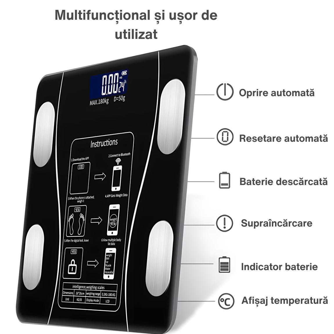 Cantar Electronic Inteligent De Baie, Digital, Bluetooth, Compatibil Aplicatii Smart