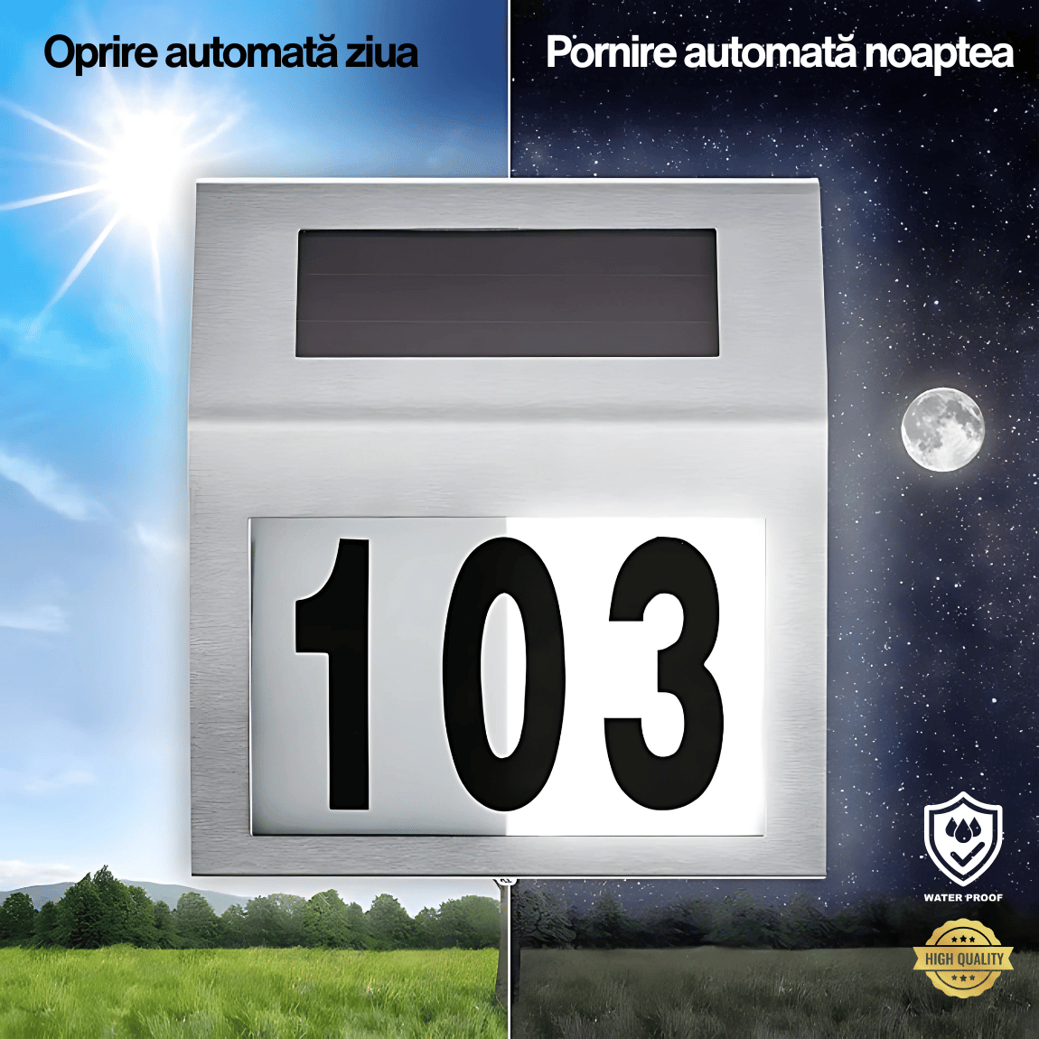 Numar De Casa Sau Poarta, Cu Incarcare Solara, Iluminare Automata, Inox, Baterie Reincarcabila